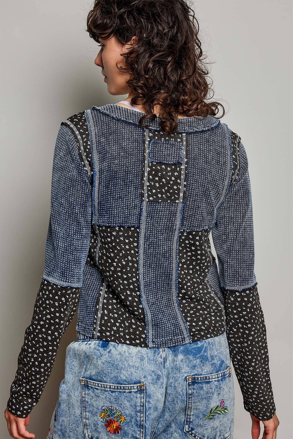 Pol Clothing - Waffle Knit Contrast Patchwork Top