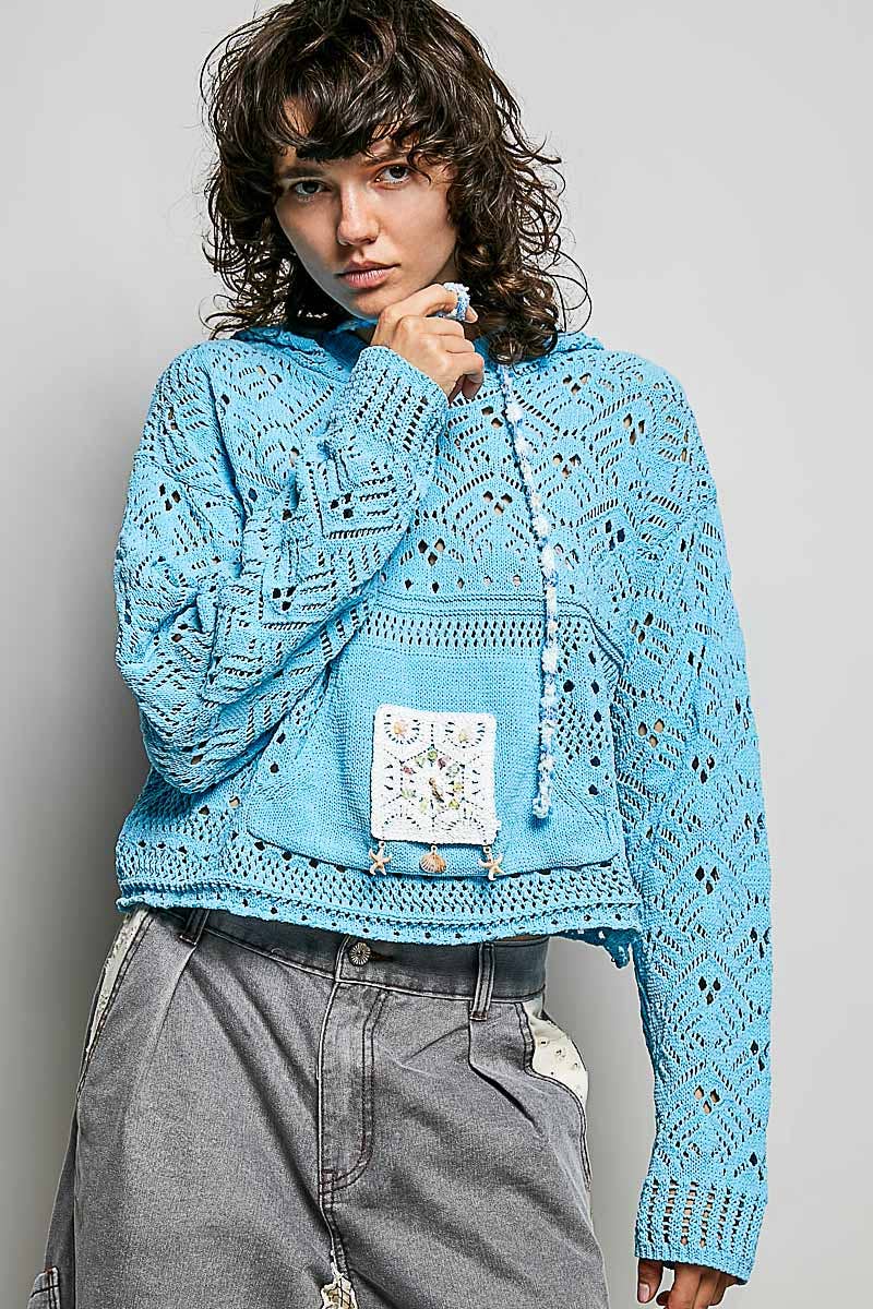 Pol Clothing - Chenille Crochet Lightweight Pullover Hoodie Sweater