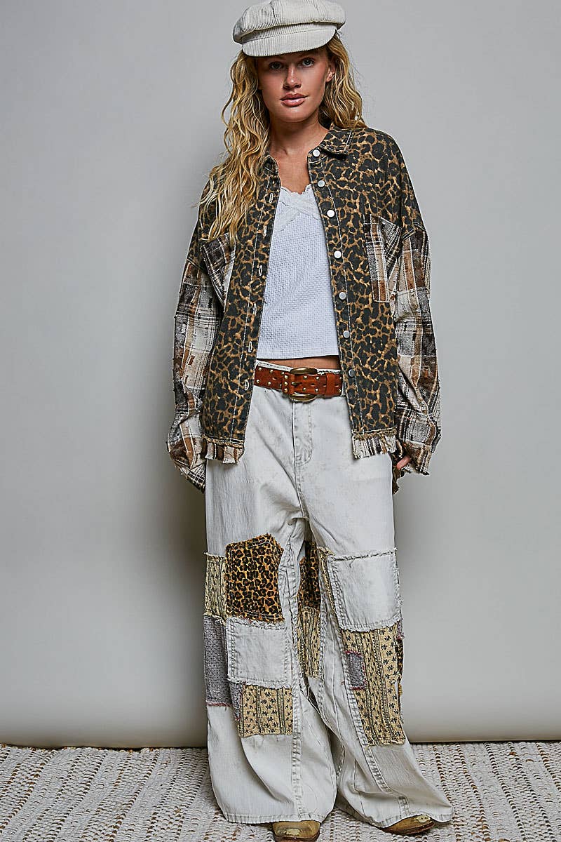 Pol Clothing - Allover Print Pattern Raw-Edge Fringe Trim Shirt Jacket