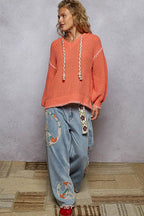 Pol Clothing - V-neck solid stitch point hoodie chenille sweater top