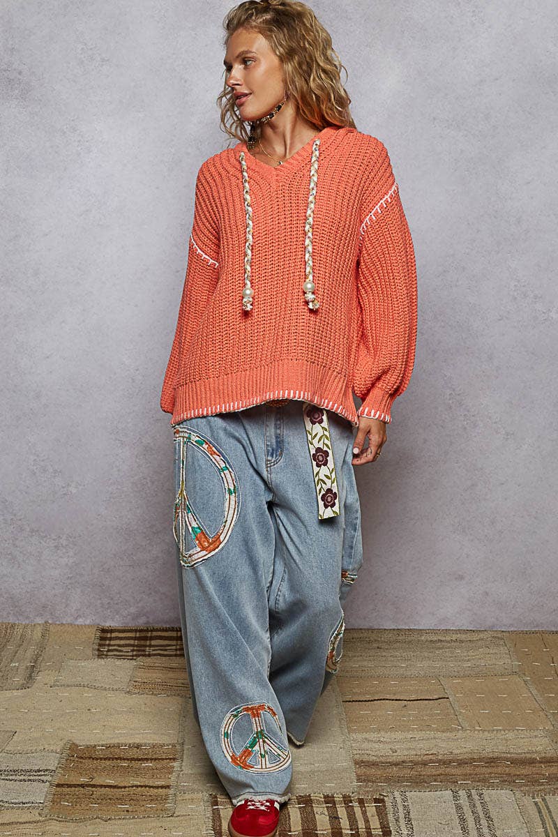 Pol Clothing - V-neck solid stitch point hoodie chenille sweater top