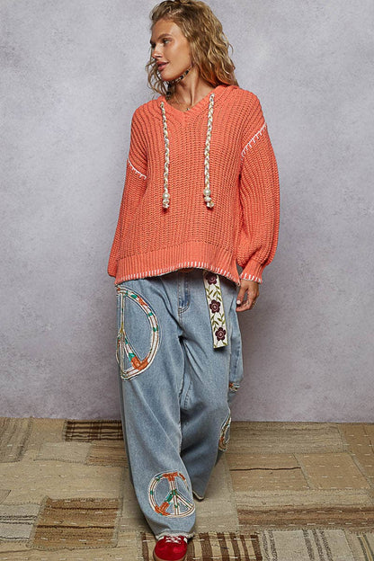 Pol Clothing - V-neck solid stitch point hoodie chenille sweater top