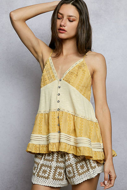 Pol Clothing - Adjustable Strap Ruffle Pintuck Sleeveless Cotton Top