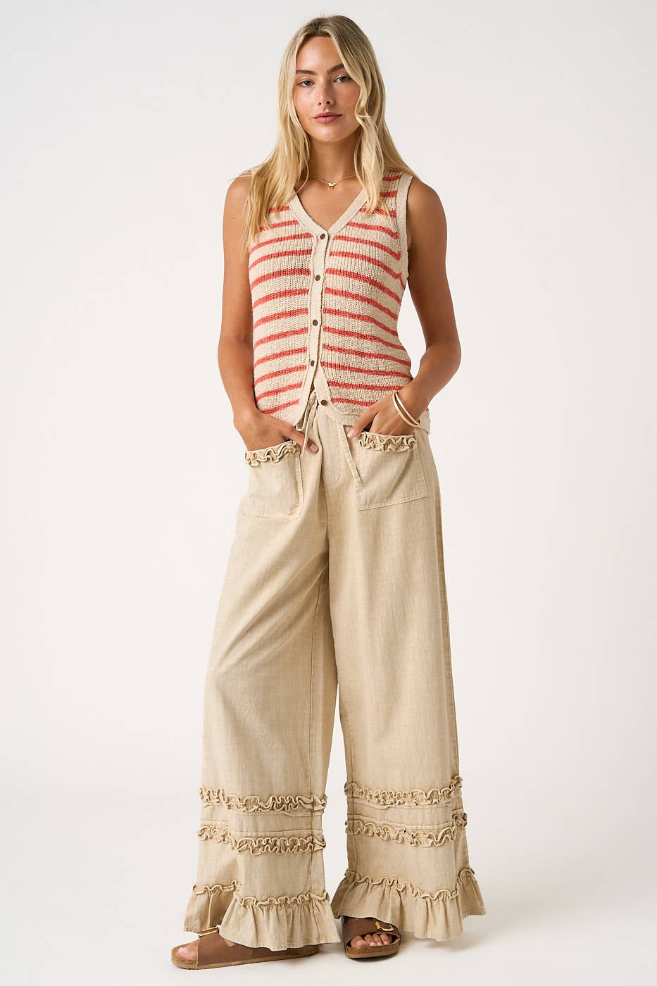 RUFFLE TRIM POCKET MINERAL WASH WIDE LEG PANTS