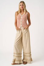RUFFLE TRIM POCKET MINERAL WASH WIDE LEG PANTS