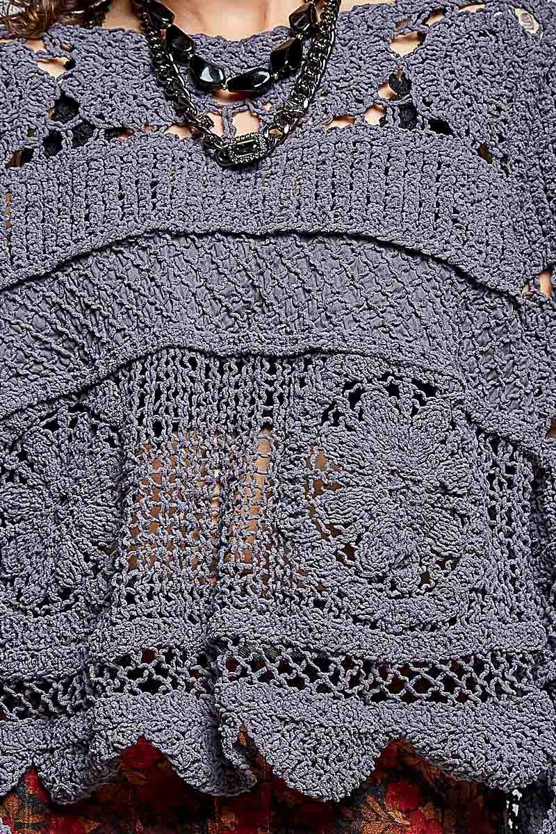 Pol Clothing - Textured Stitch Scalloped Trim Crochet Knit Sweater Top