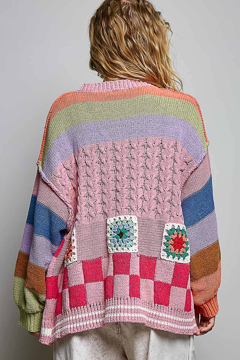 Pol Clothing - Handmade Patchwork Striped Chenille Sweater Open Cardigan