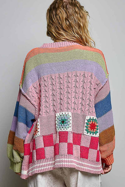 Pol Clothing - Handmade Patchwork Striped Chenille Sweater Open Cardigan