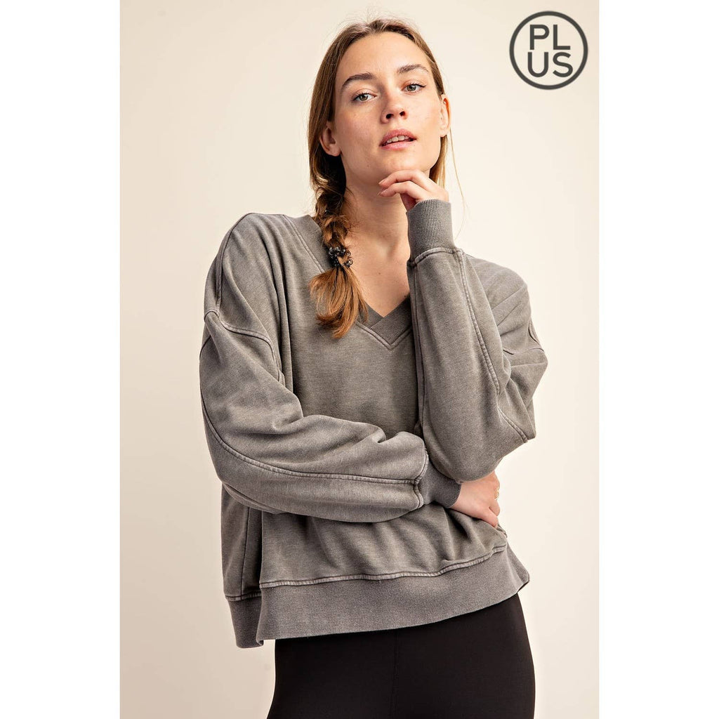 PLUS SIZE MINERAL WASHED FRENCH TERRY V-NECK PULLOVER Rae Mode