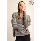 PLUS SIZE MINERAL WASHED FRENCH TERRY V-NECK PULLOVER Rae Mode