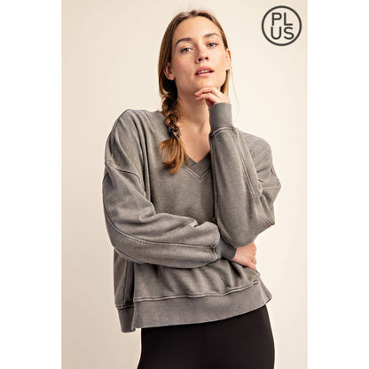 PLUS SIZE MINERAL WASHED FRENCH TERRY V-NECK PULLOVER Rae Mode