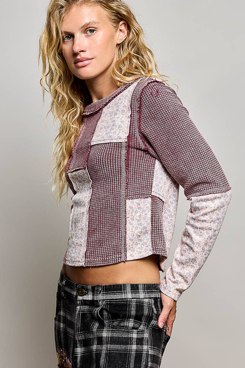 Pol Clothing - Waffle Knit Contrast Patchwork Top