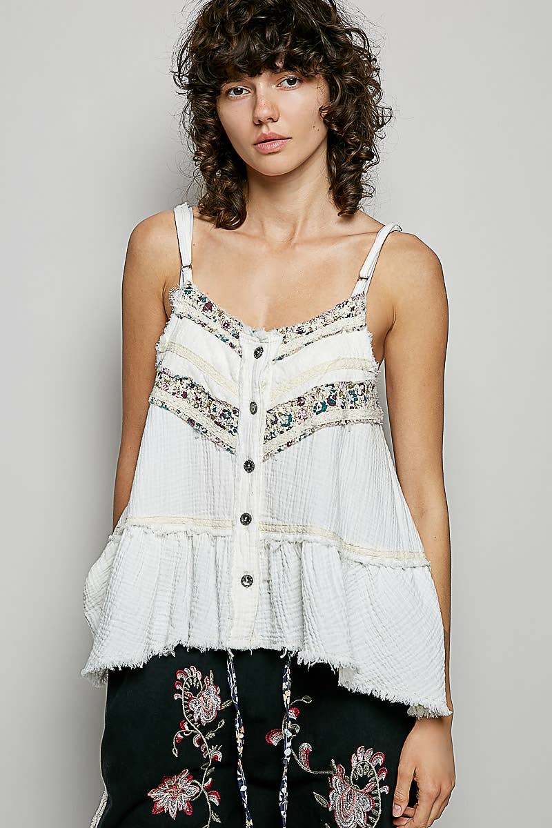 Pol Clothing - Double Gauze Denim Lace Patch Outseam Round Neck Sleeveless