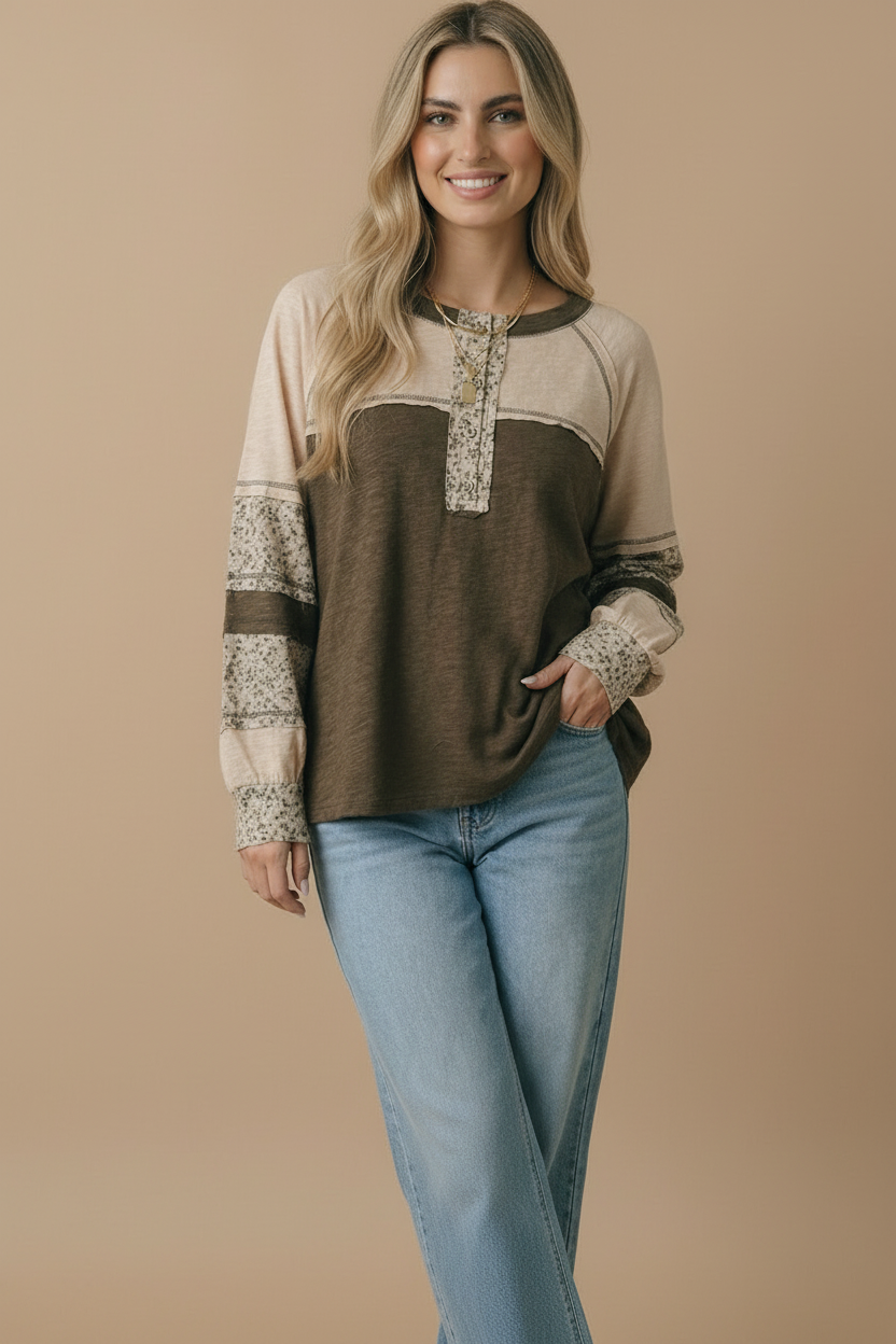 Round Neck Floral Color Block Cotton Slub Top-Haptics