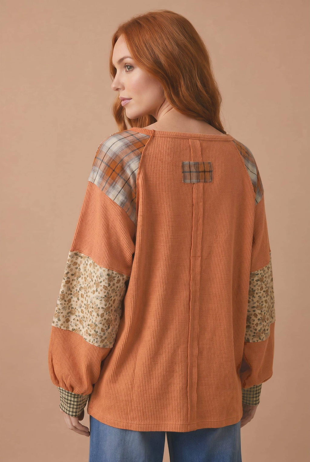 Haptics - Plus Pumpkin Patchwork Thermal Knit Top