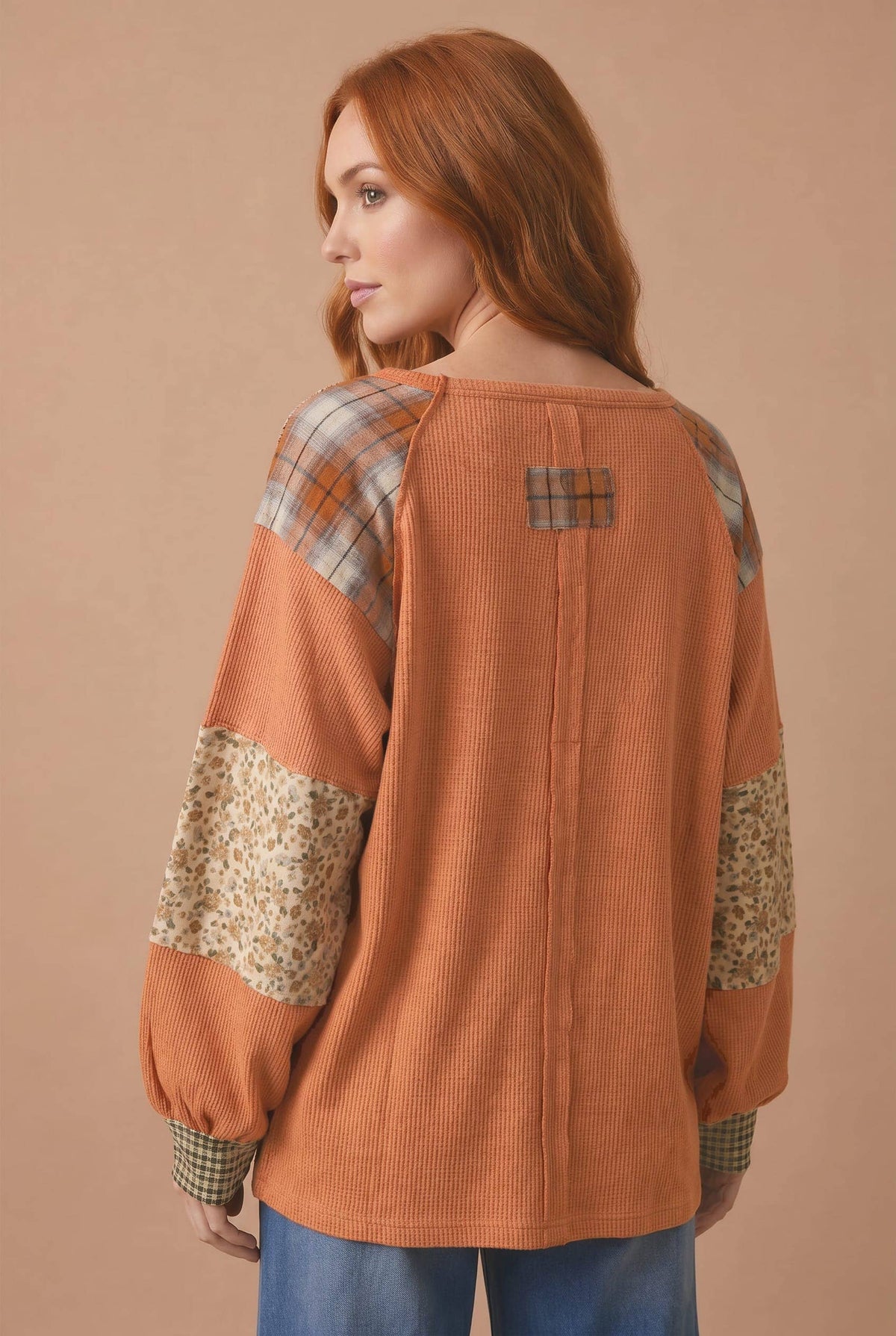 Haptics - Plus Pumpkin Patchwork Thermal Knit Top