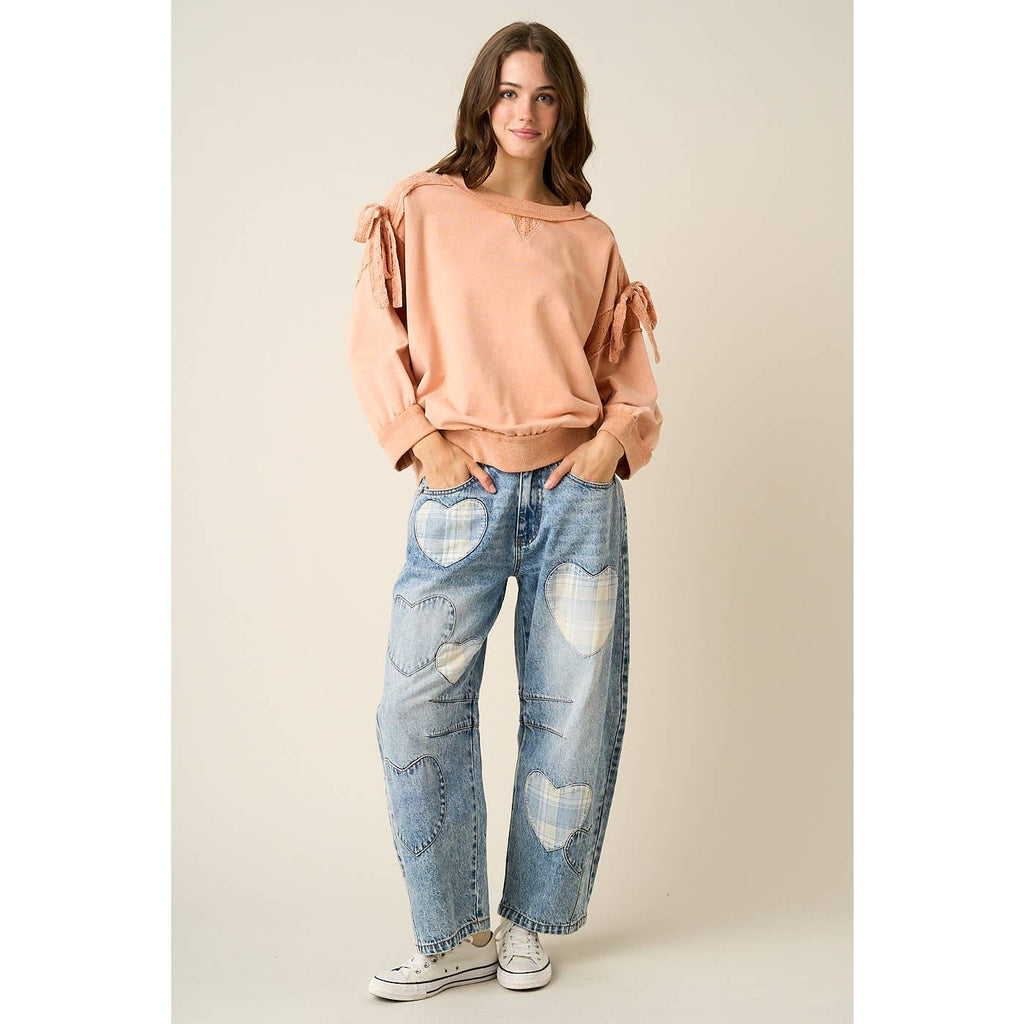 PLAID HEART PATCH BARREL LEG JEANS