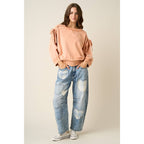 PLAID HEART PATCH BARREL LEG JEANS