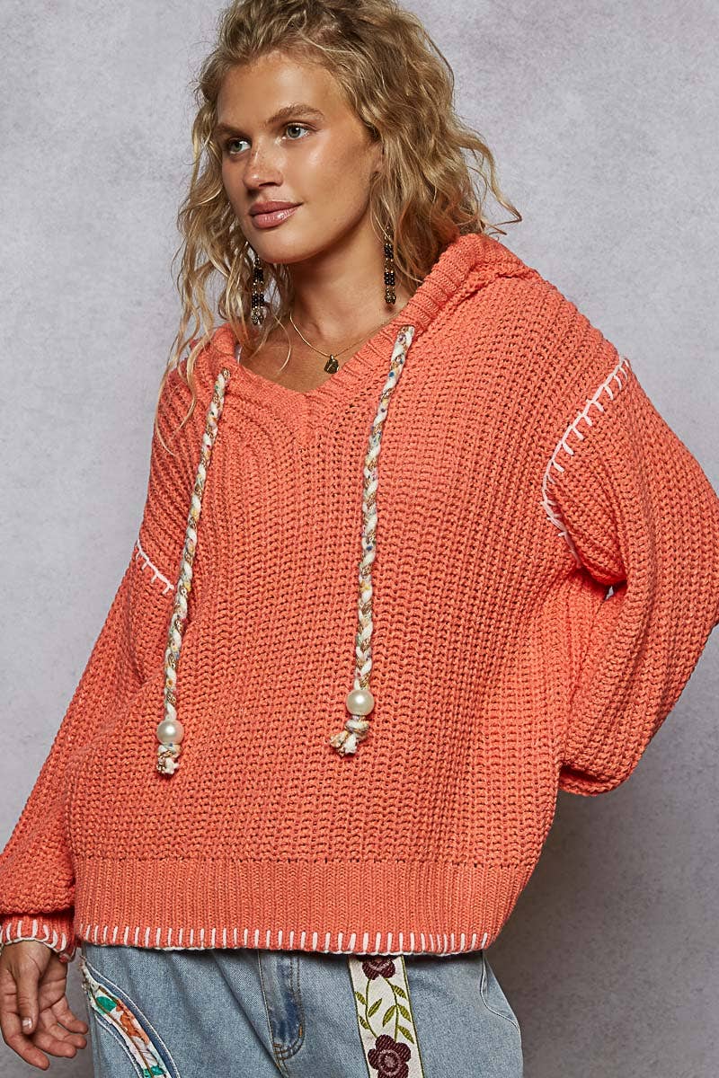 Pol Clothing - V-neck solid stitch point hoodie chenille sweater top