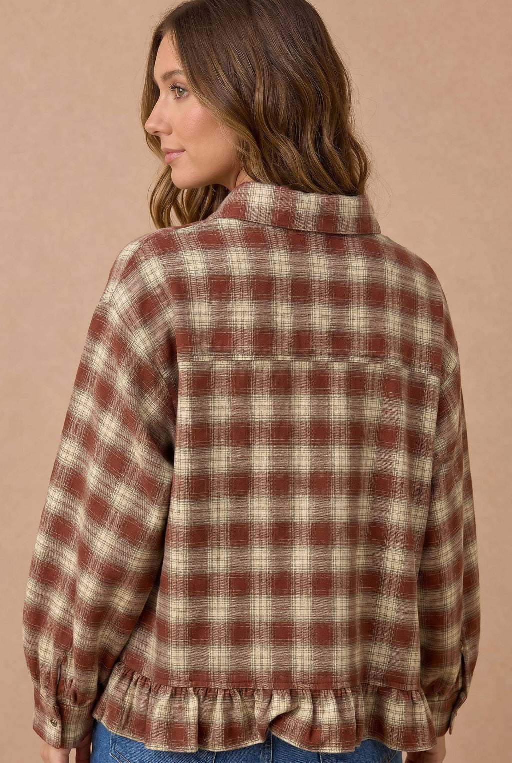 Haptics - Button Down Check Plaid Babydoll Peplum Shirt