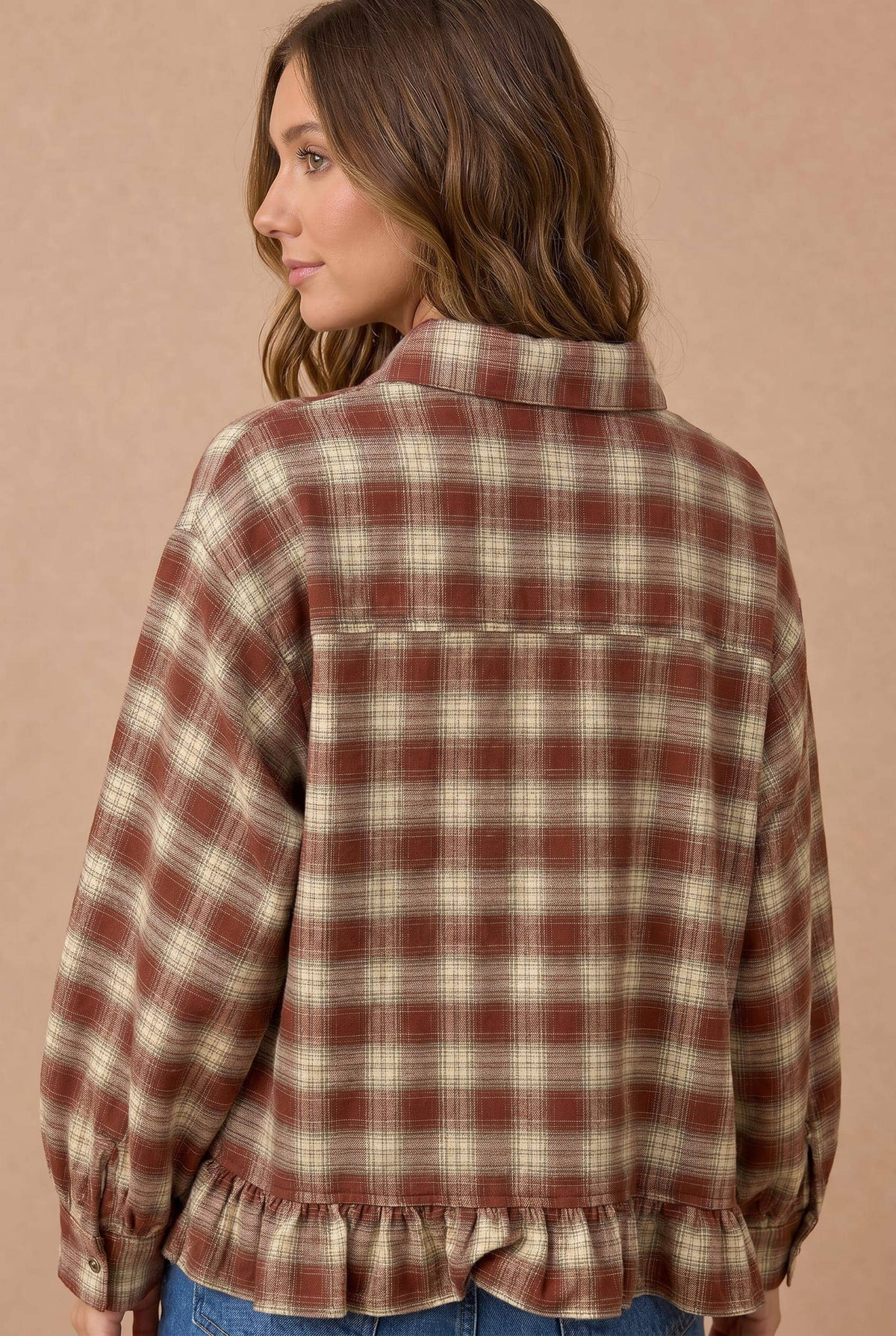 Haptics - Button Down Check Plaid Babydoll Peplum Shirt