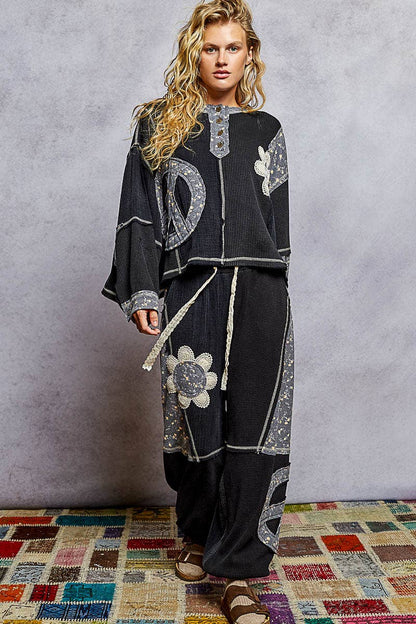Pol Clothing - Round neck peace patch floral oversized fit knit top