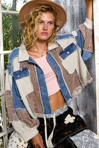 Pol Clothing - Balloon Sleeve Contrast Paisley Pattern Cropped Knit Jacket
