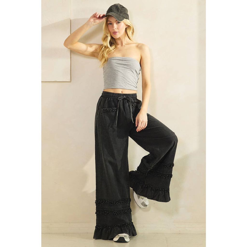 RUFFLE TRIM POCKET MINERAL WASH WIDE LEG PANTS