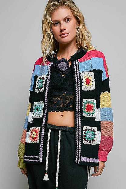 Pol Clothing - Handmade Patchwork Striped Chenille Sweater Open Cardigan