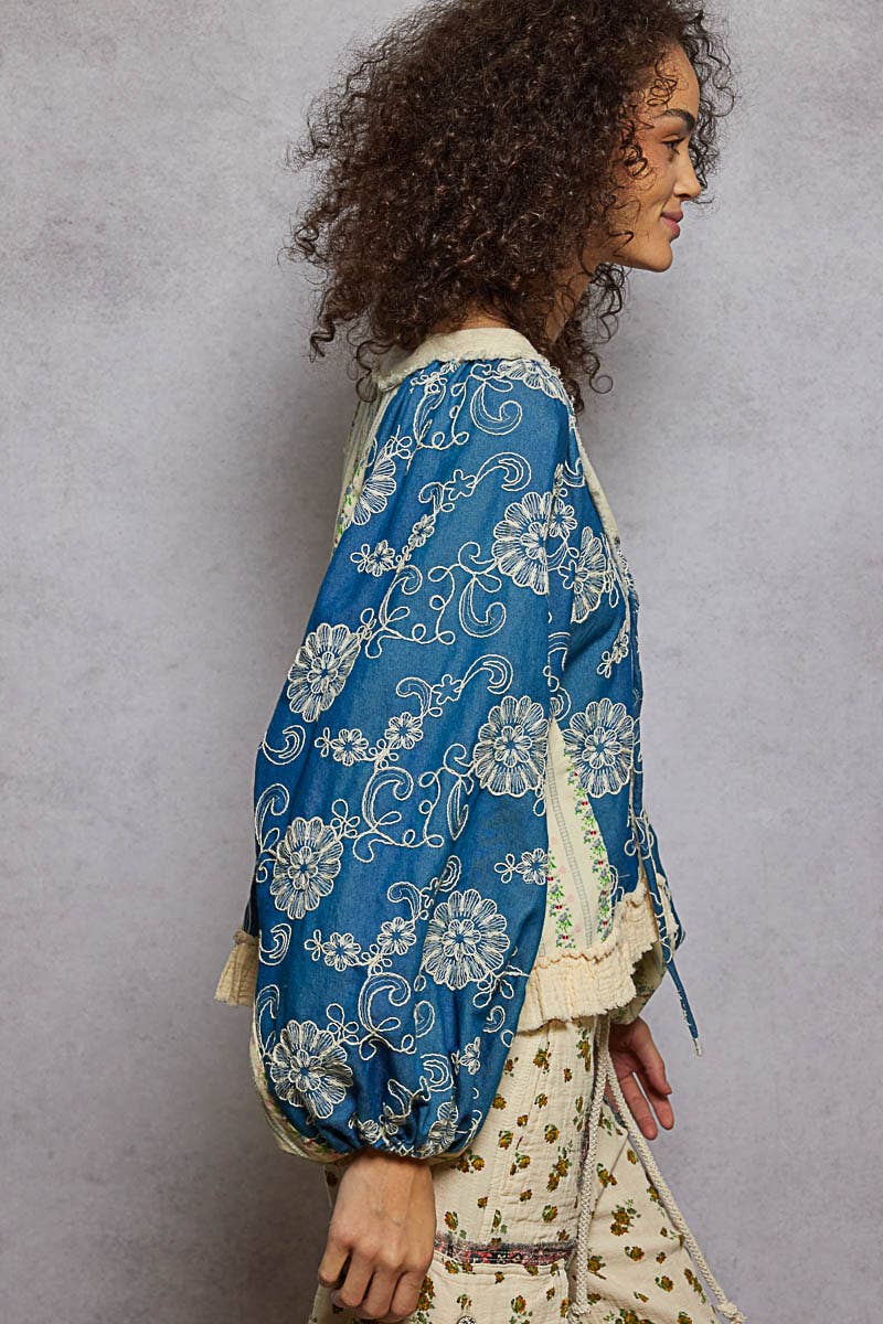 Strawberry V Neck Balloon Sleeve Floral Ruffle Woven Printed Top