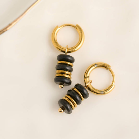 Howard's - Waterproof Earrings Black Agate Hoop Narelle Gold Disc