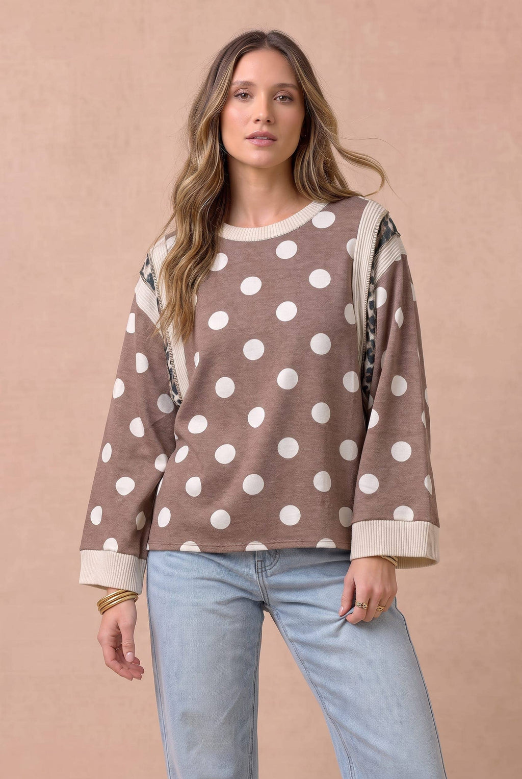 Haptics - Polka Dot Mixed Media Knit Top