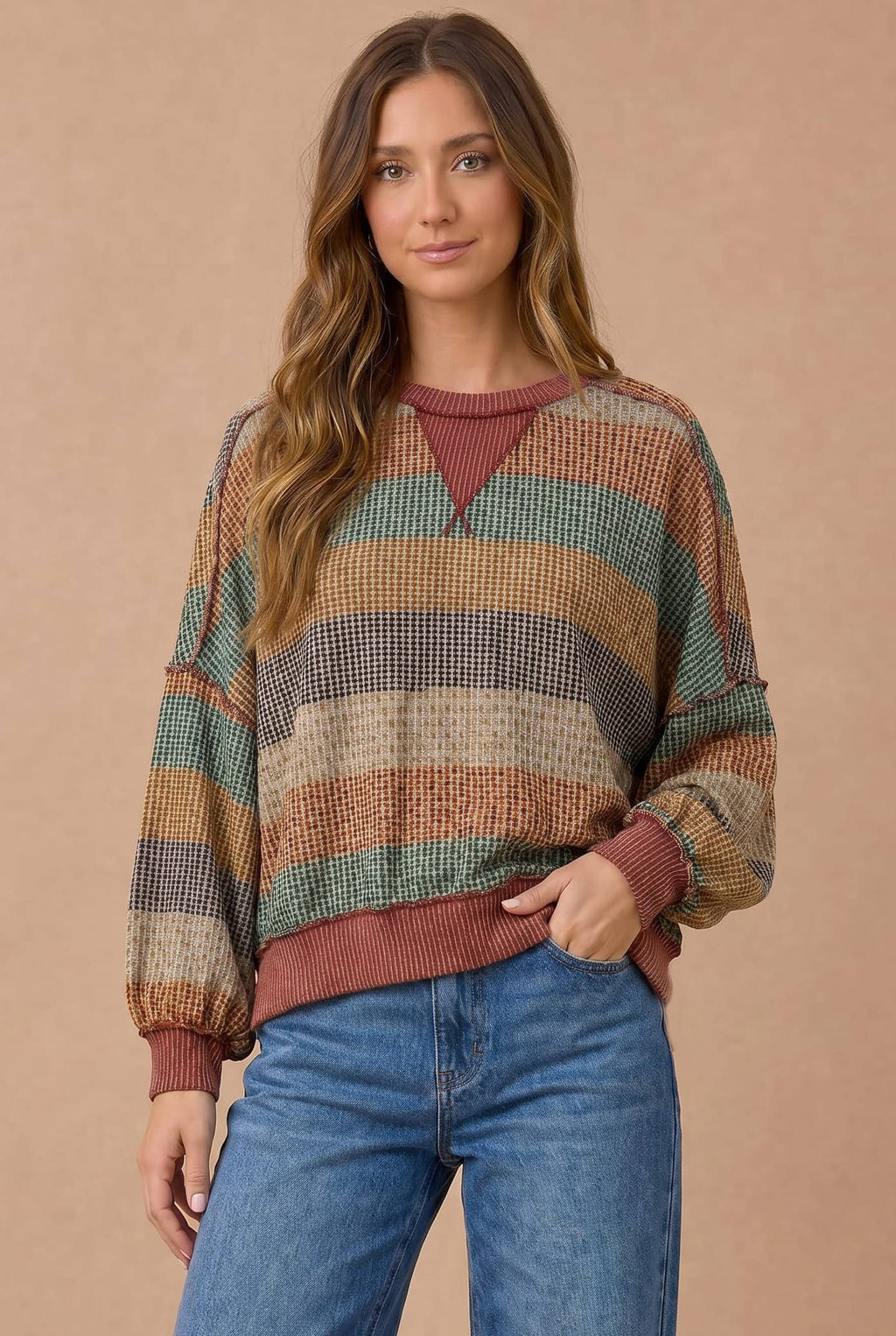 Haptics - Stripe Waffle Wave Rib Banded Hem Pullover