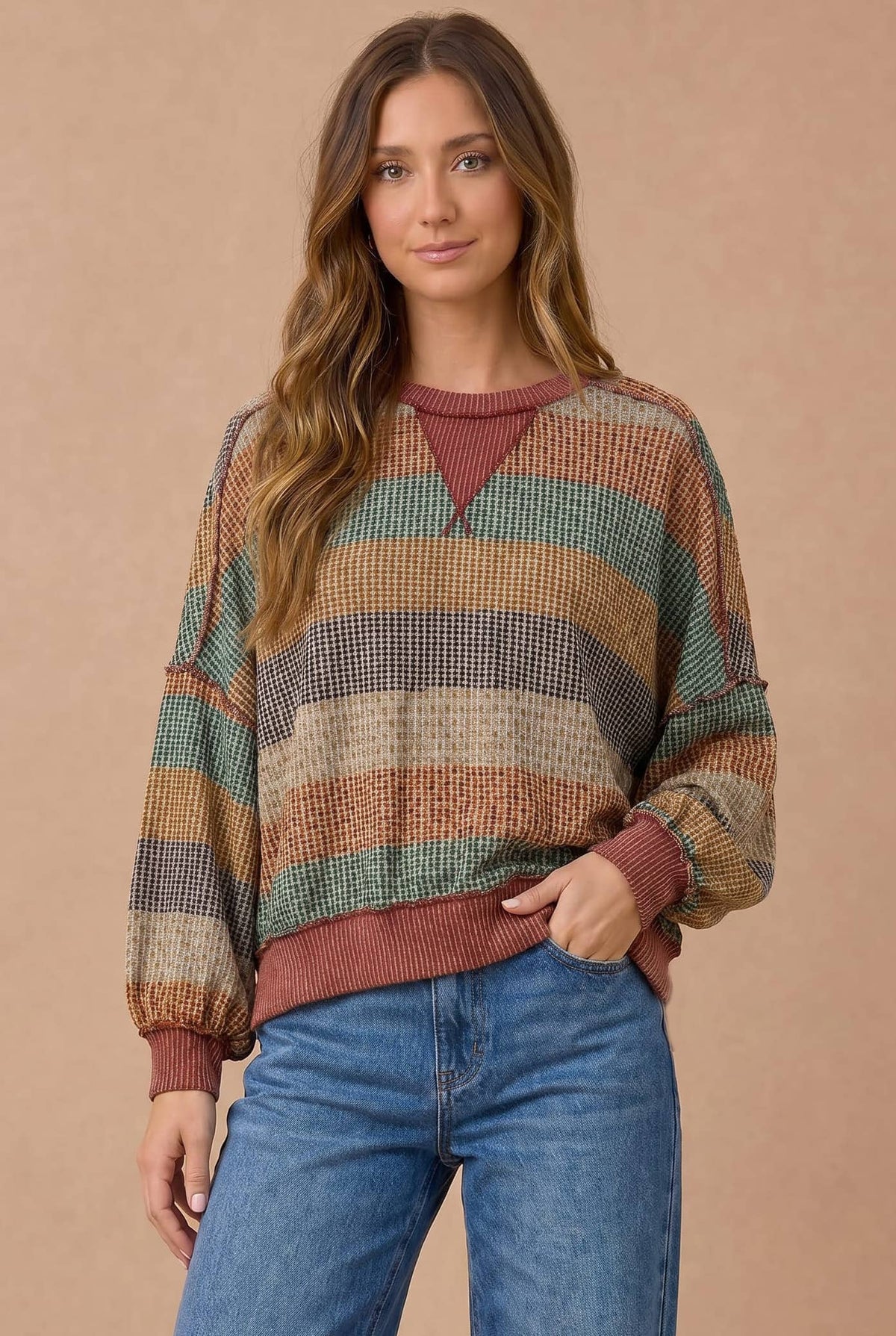 Haptics - Stripe Waffle Wave Rib Banded Hem Pullover