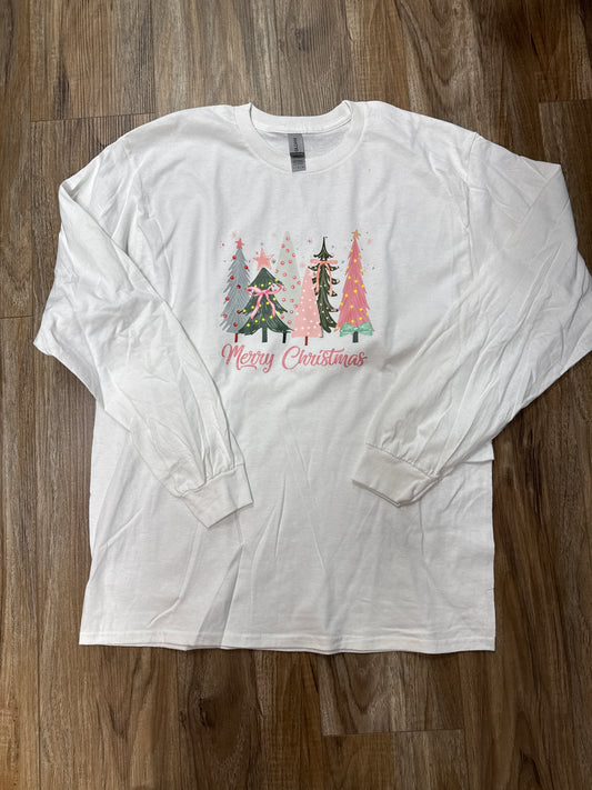 Pink Merry Christmas Trees Long Sleeve Tee