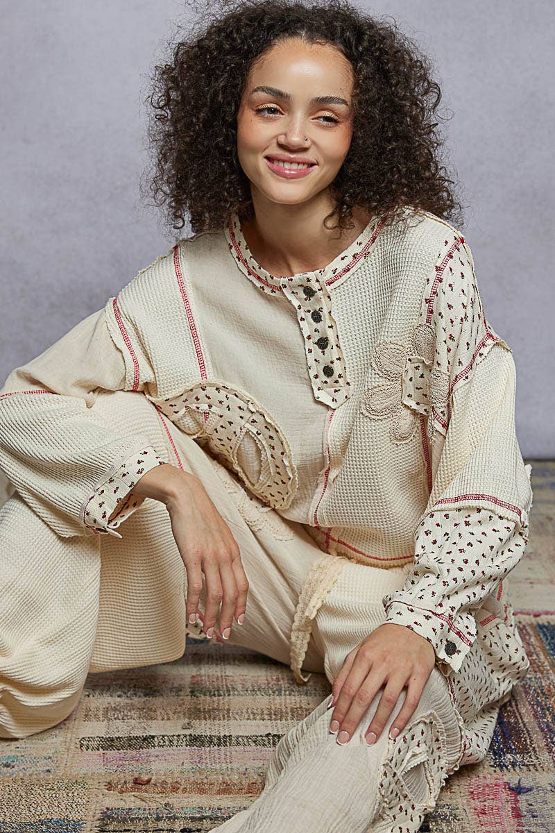 Pol Clothing - Round neck peace patch floral oversized fit knit top