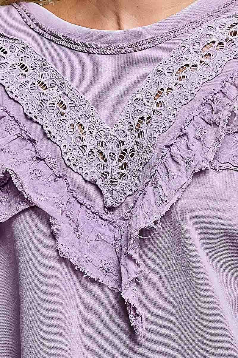 Pol Clothing - French Terry Eyelet Ruffle Vintage Washing Solid Knit Top