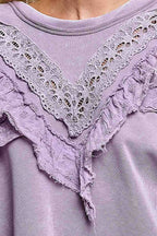 Pol Clothing - French Terry Eyelet Ruffle Vintage Washing Solid Knit Top