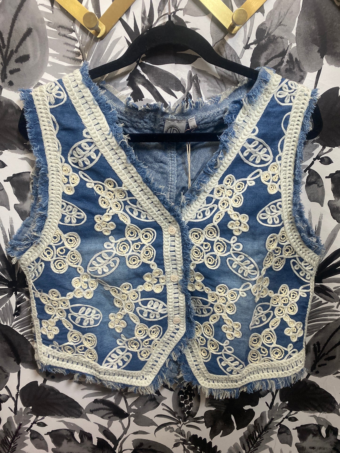 Garden Embroidered Raw Hem Denim Vest
