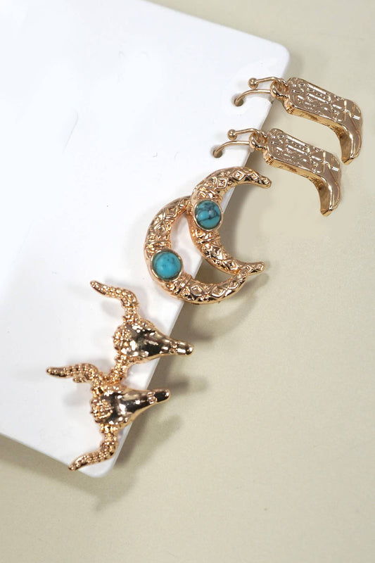 WESTERN BULL HEAD HORN BOOTS TRIO EARRINGS |
