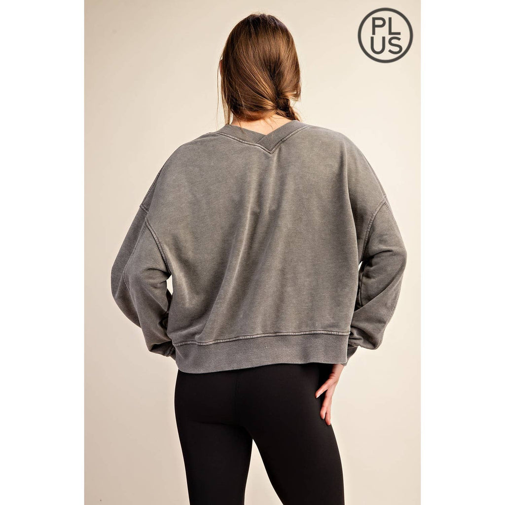 PLUS SIZE MINERAL WASHED FRENCH TERRY V-NECK PULLOVER Rae Mode