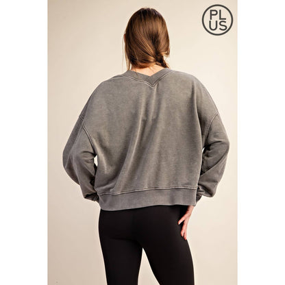 PLUS SIZE MINERAL WASHED FRENCH TERRY V-NECK PULLOVER Rae Mode