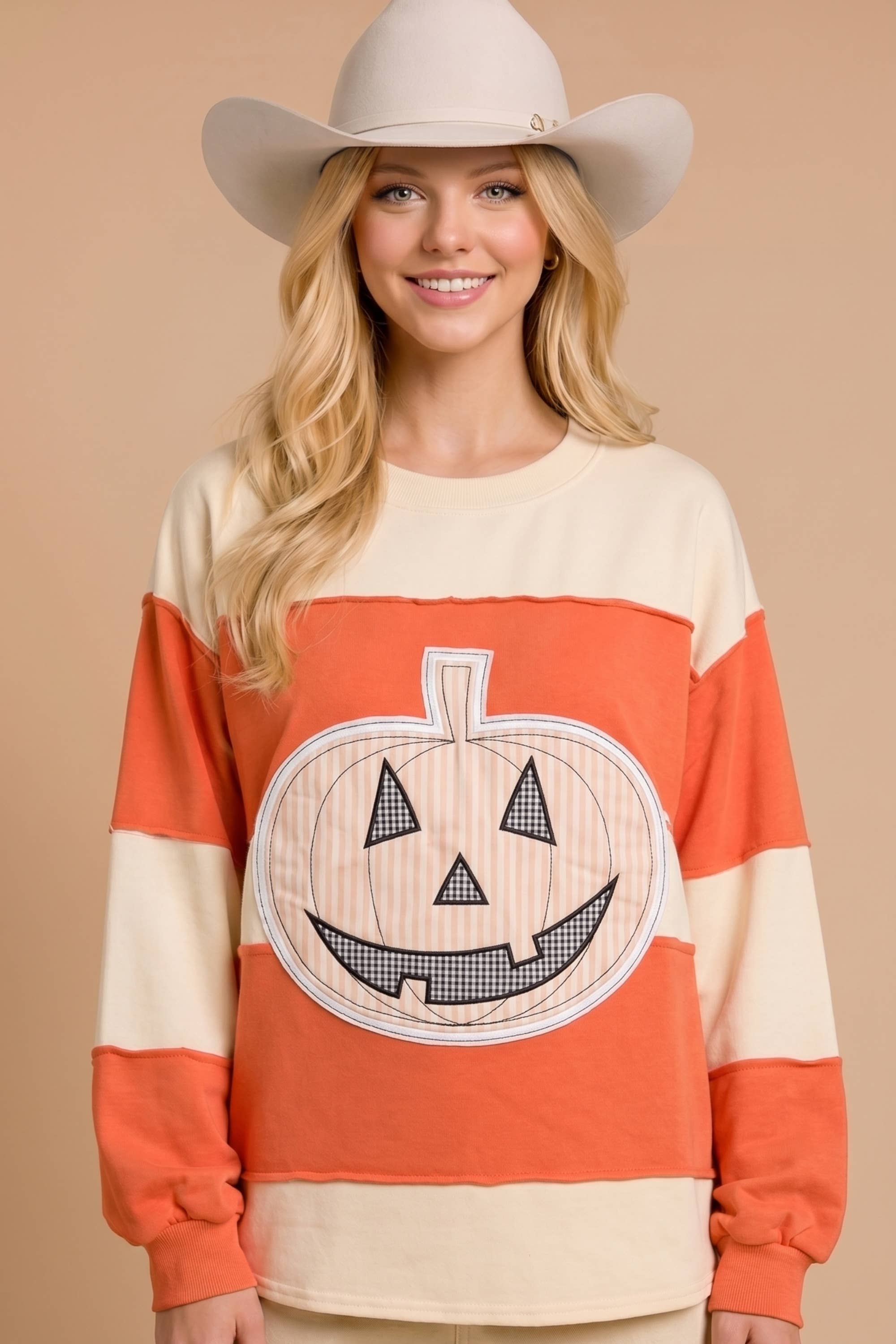 Main Strip - Pumpkin Appliqué Color Block Pullover