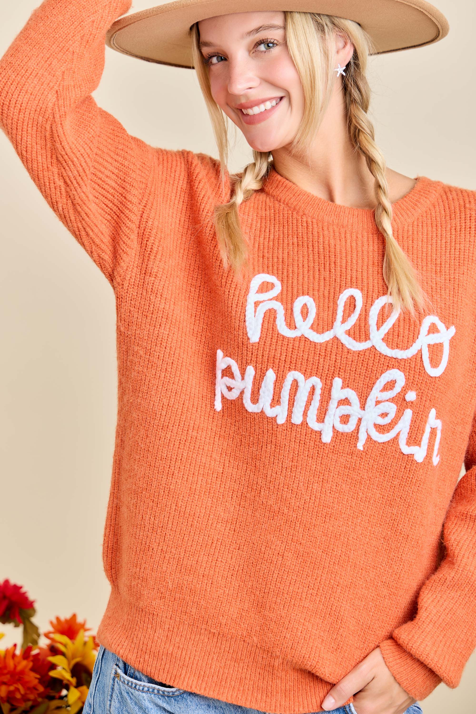 Main Strip - Hello Pumpkin Embroidered Knit Sweater – Fall Cozy Pullover