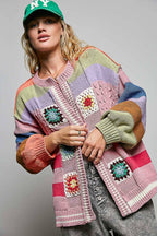 Pol Clothing - Handmade Patchwork Striped Chenille Sweater Open Cardigan