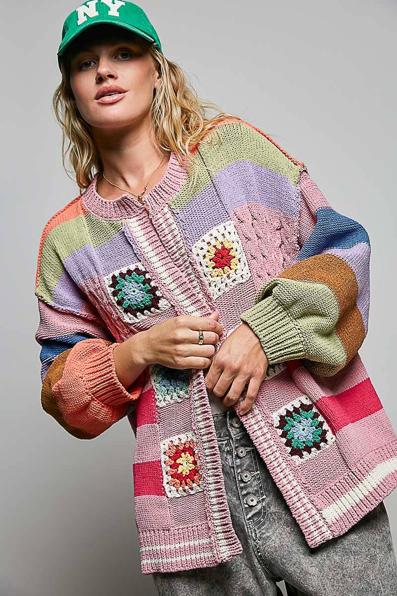 Pol Clothing - Handmade Patchwork Striped Chenille Sweater Open Cardigan