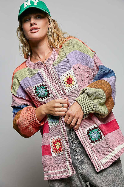 Pol Clothing - Handmade Patchwork Striped Chenille Sweater Open Cardigan