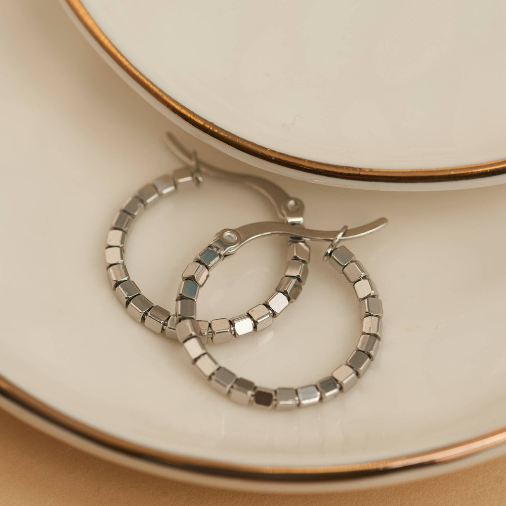 Howard's - Waterproof Earrings Square Beaded Hoop in Gold & Steel