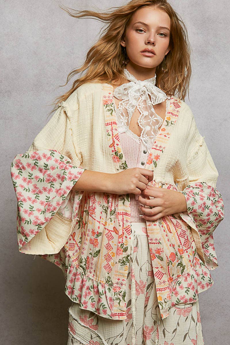 Pol Clothing - Double Gauze Floral Roomy Fit Open Cardigan with V-Back