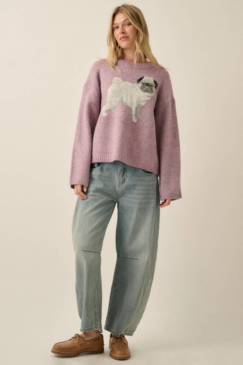 Pug Dog Solid Knit Relaxed-Fit Drop-Shoulder Sweater